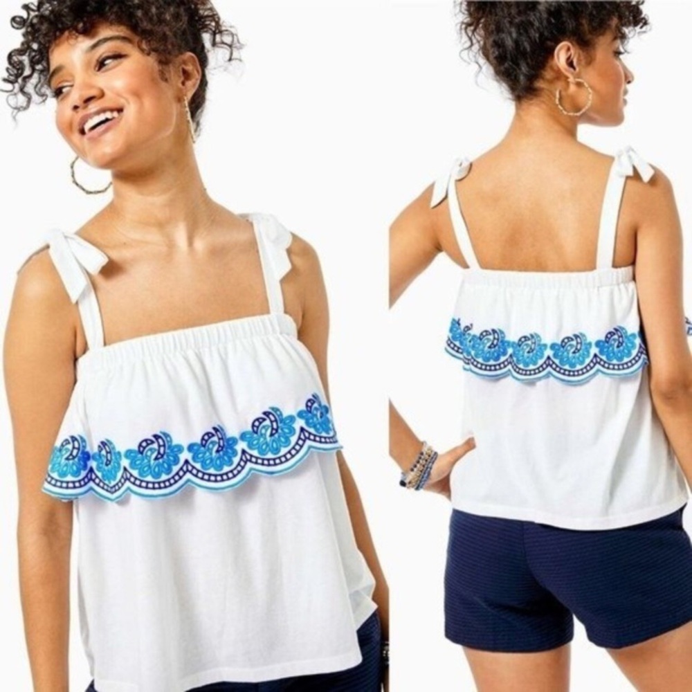 Lilly Pulitzer Benita white top ruffle edge blue embroidery